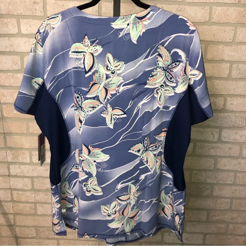 Healing Hands Purple Label Yoga Zip V-Neck blue butterfly pattern scrub top - Picture 5 of 10